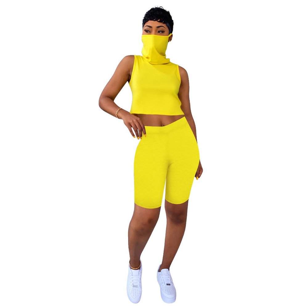 K018 Yellow  Cropped Top Ear Loop High Waist Capri